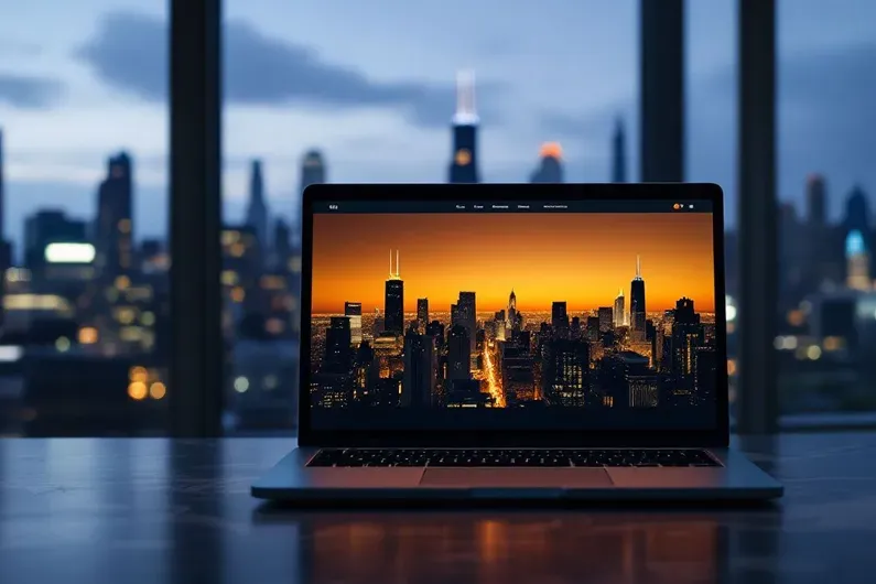 Computer with Chicago in the background